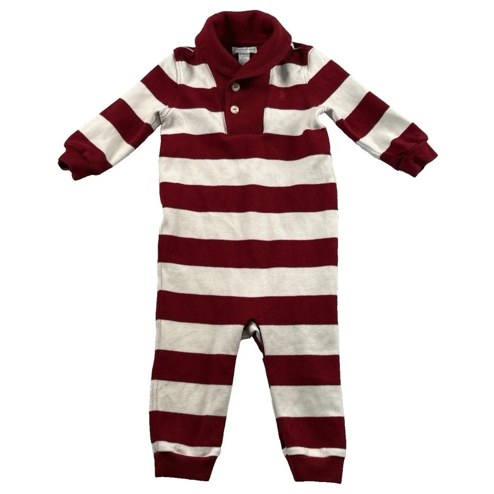 Ralph Lauren Baby Romper 12 Months Rugby Stripe Shawl Collar Red White Snap Legs